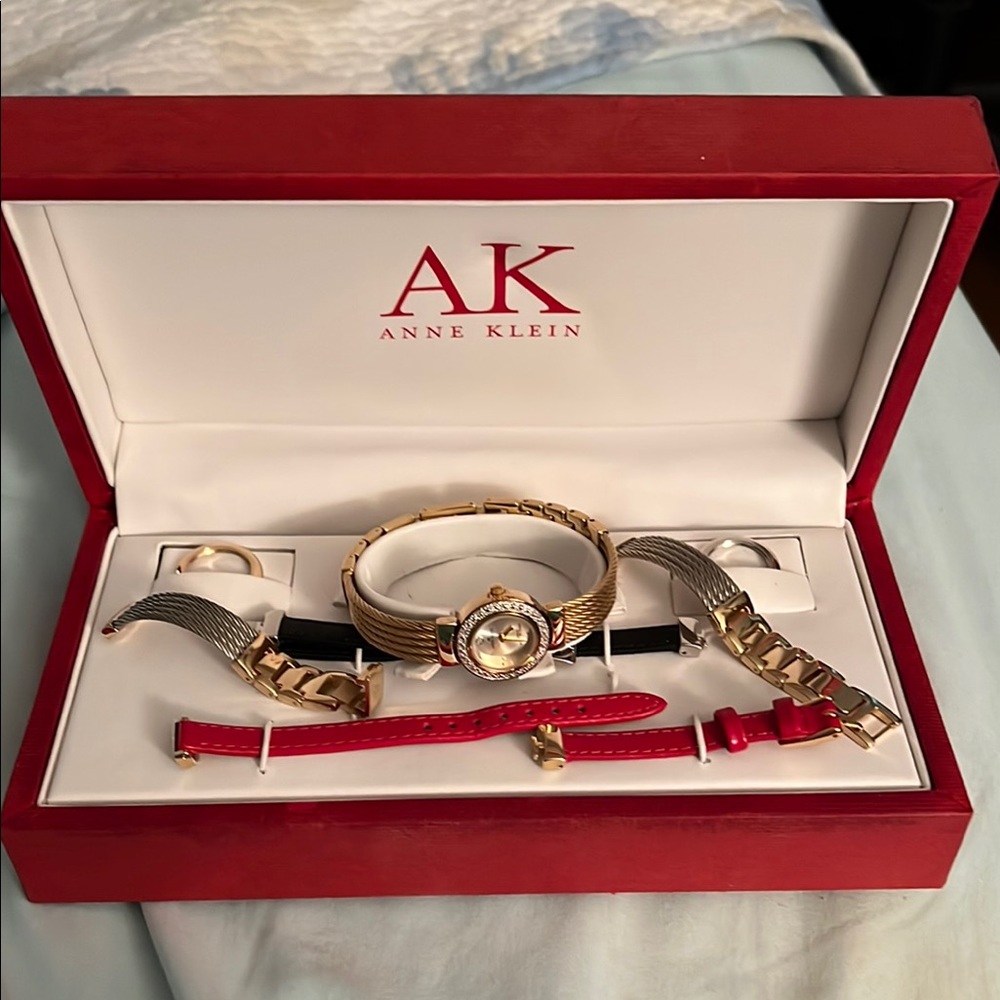 Anne Klein Gold and Red Watch Set with Interchangeable Straps